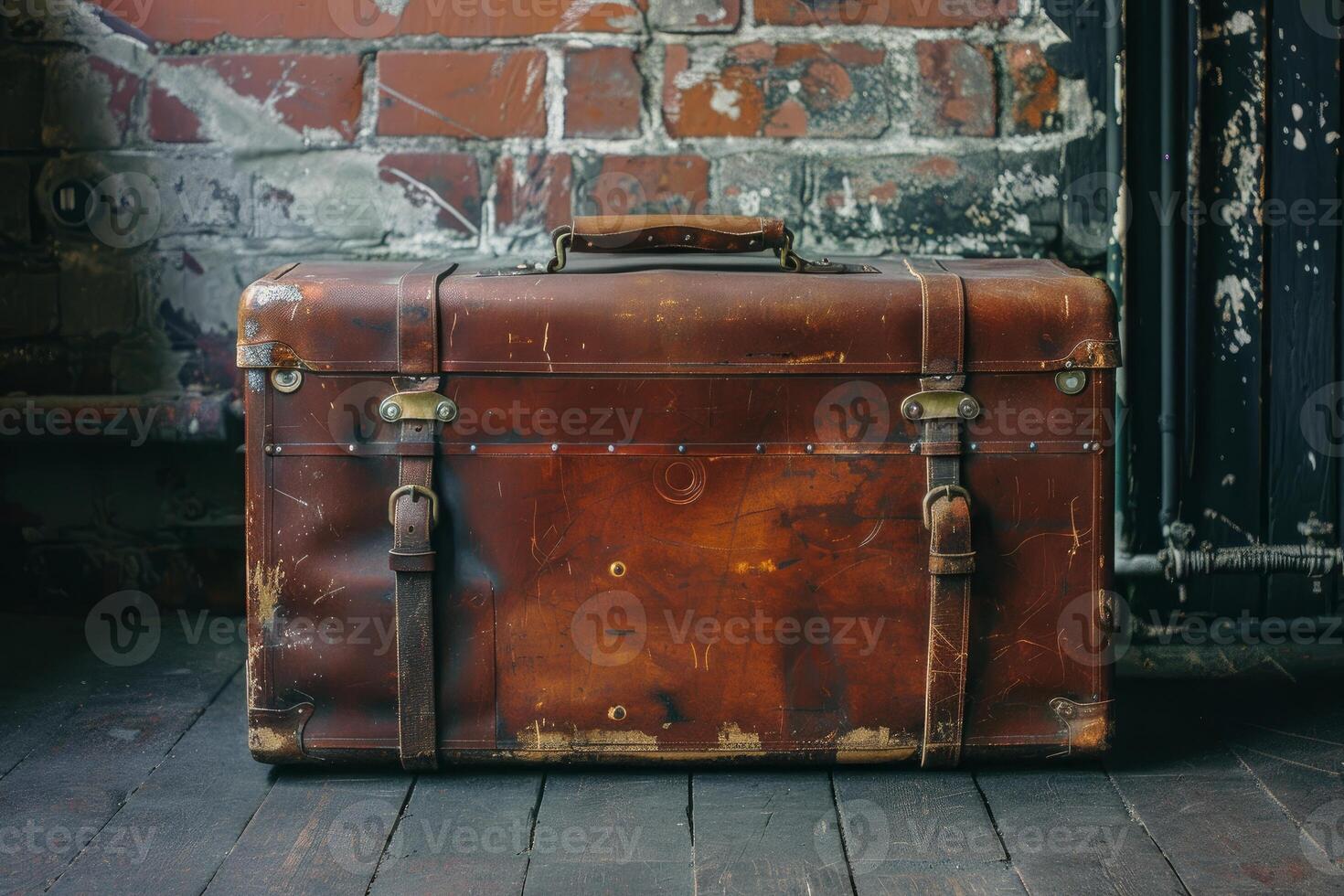 Old leather suitcase resting on a wooden floor against a brick wall photo