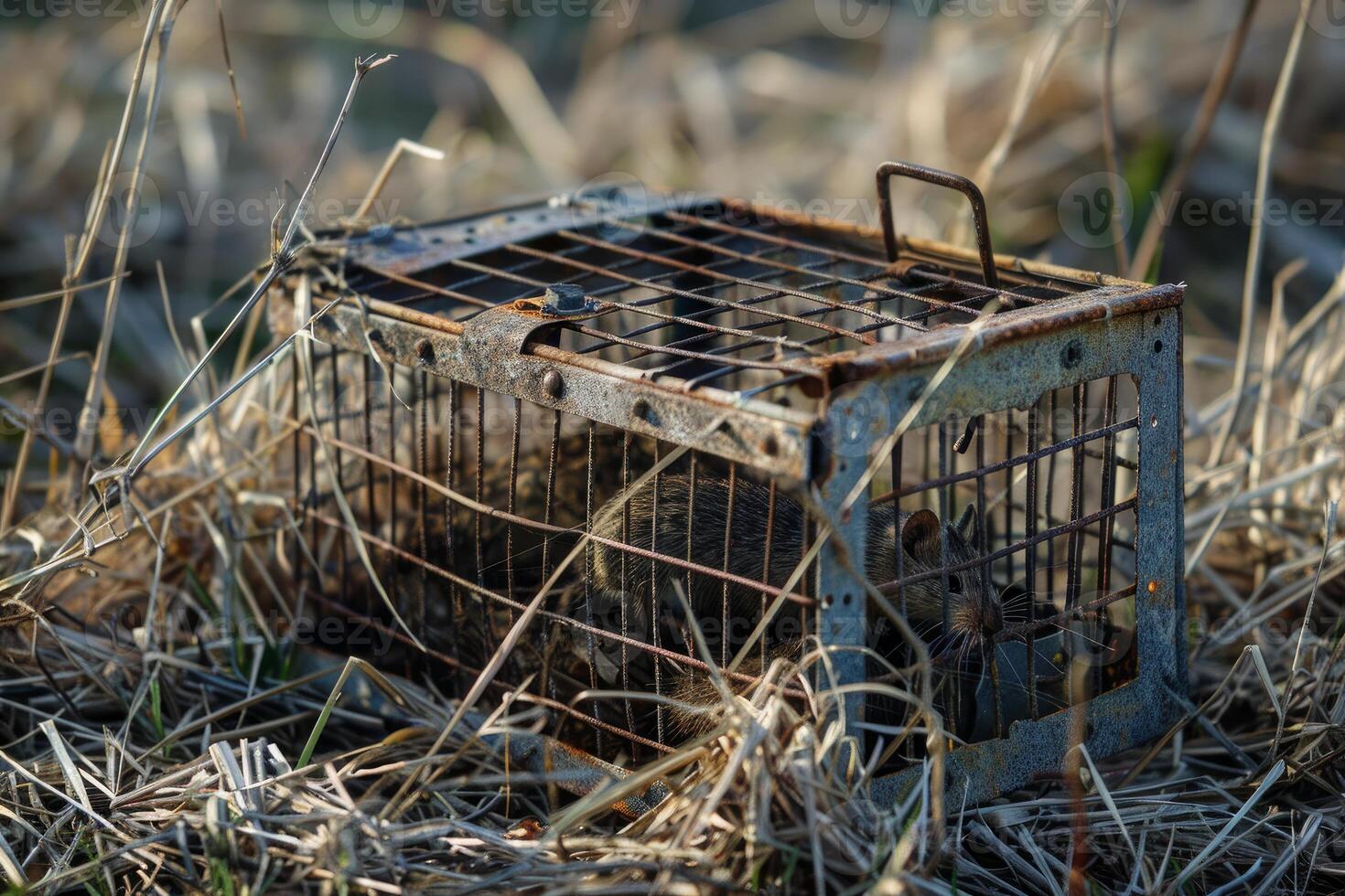 Wild rat trapped inside old rusty cage photo