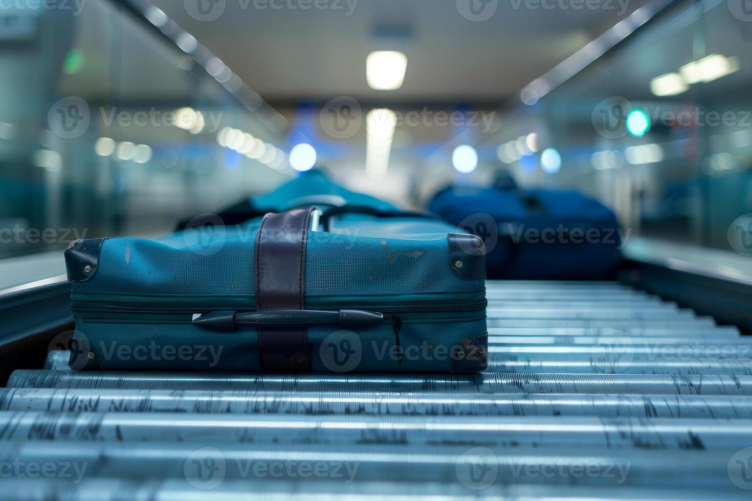 Blue suitcase moving on conveyor belt in airport arrival terminal photo