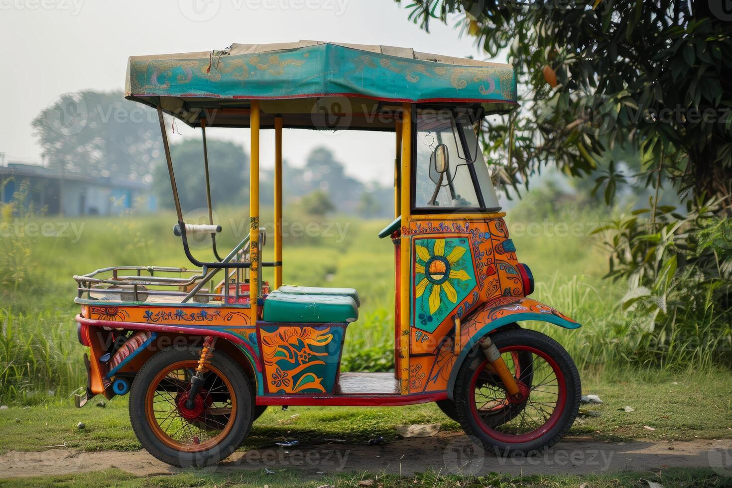 Colourful tuk tuk parked up in the countryside on a sunny day photo