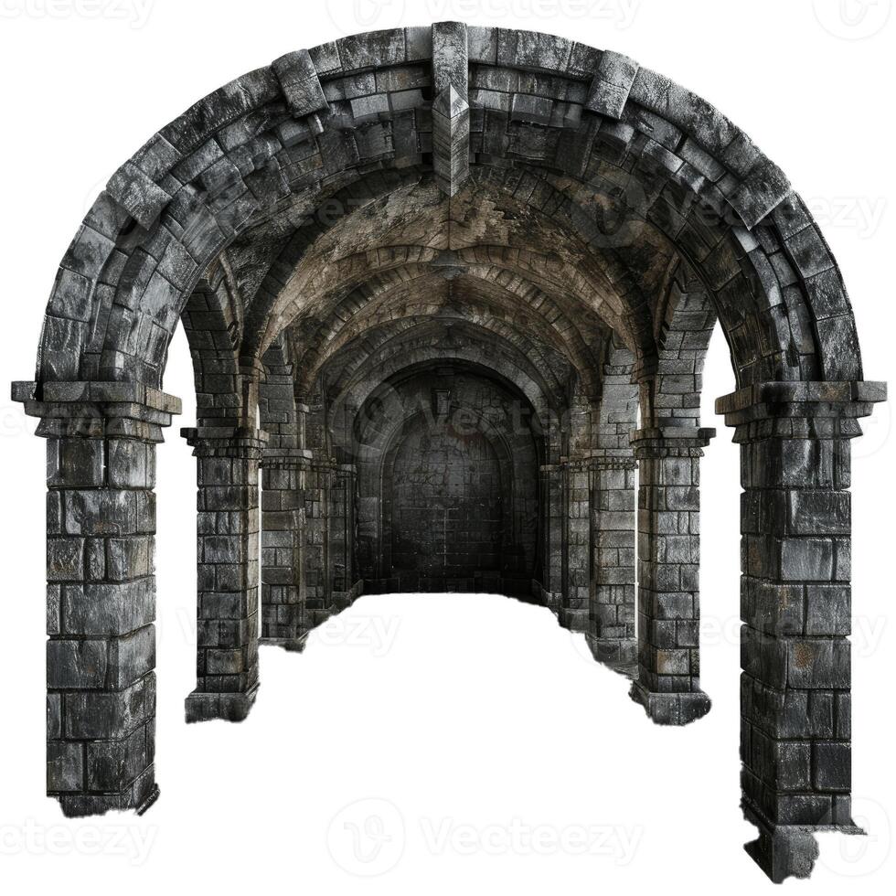Ancient stone archway creating tunnel effect leading to dark room photo