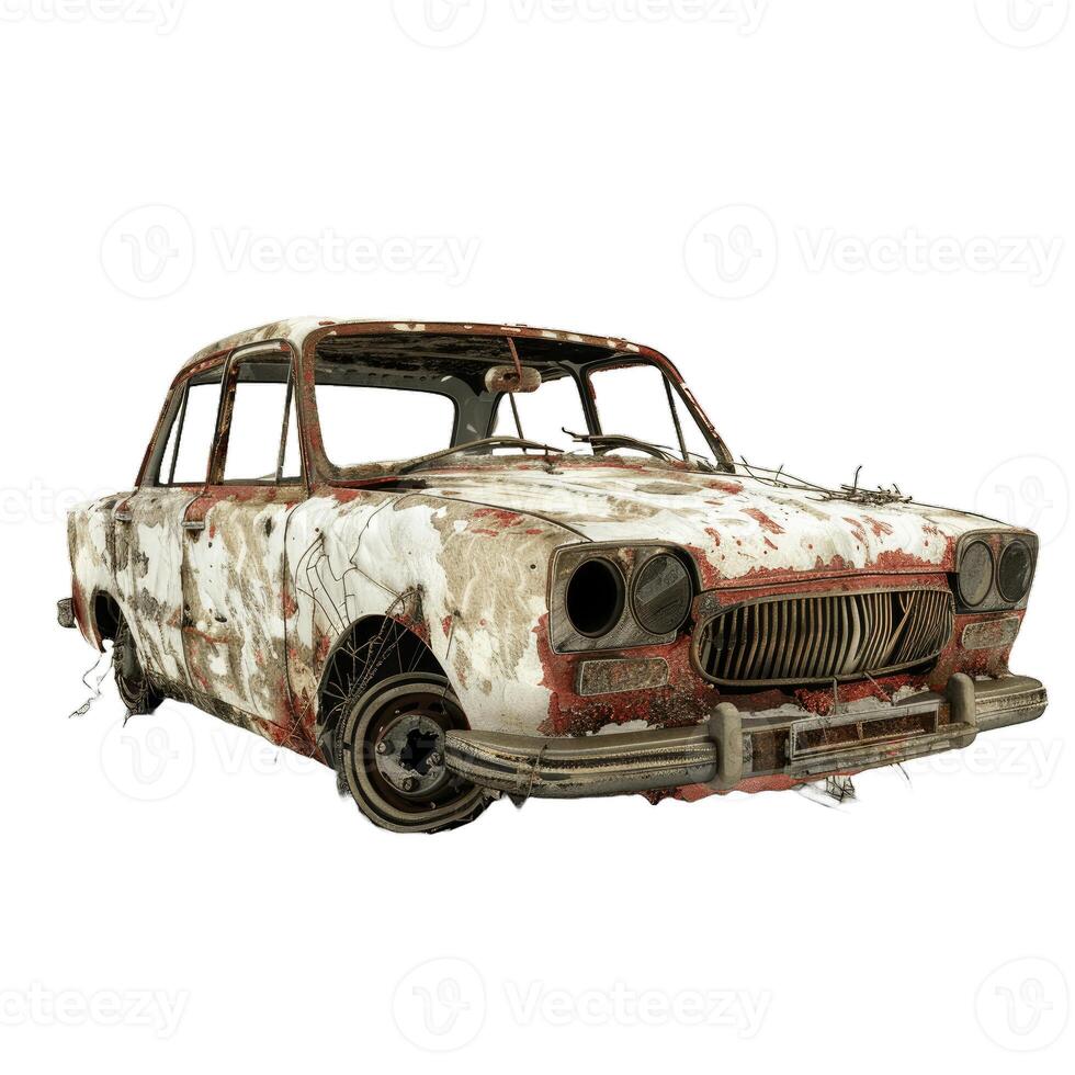 Abandoned rusty car decaying in time with broken windows photo