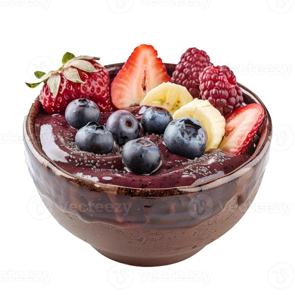 Delicious acai bowl with fresh fruits and chia seeds in rustic bowl photo