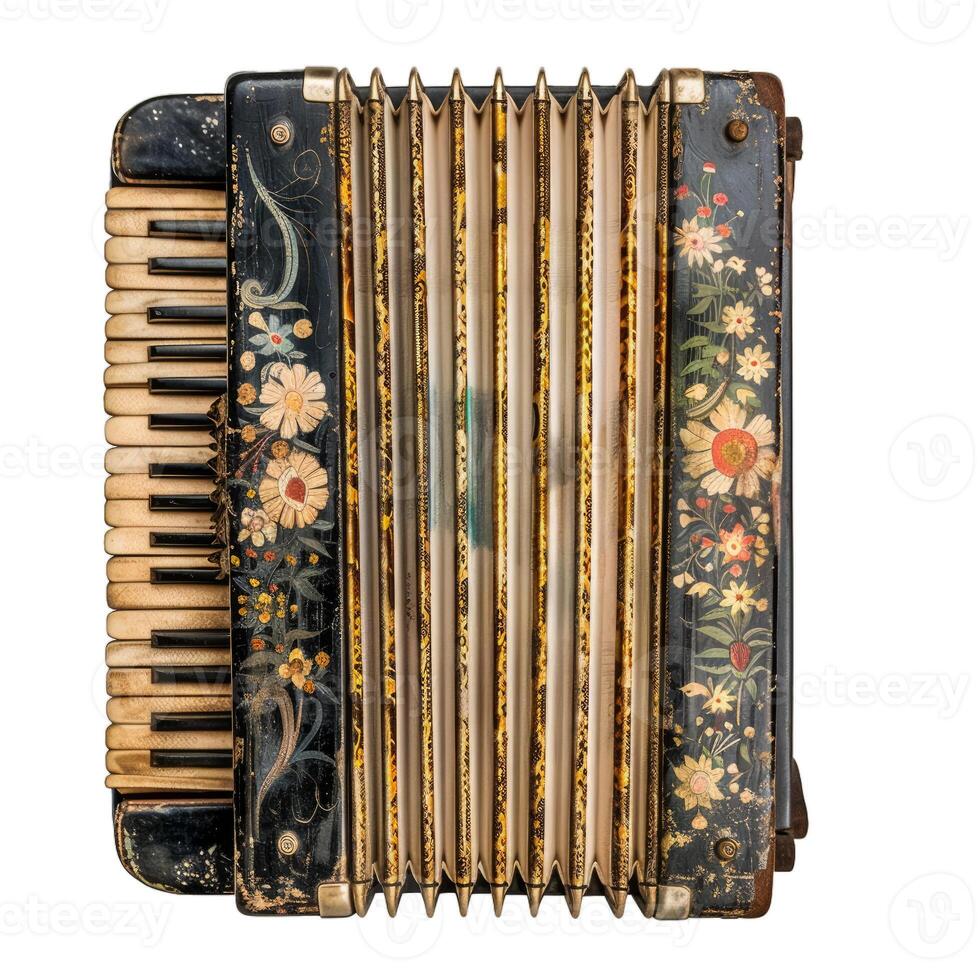 Antique accordion with floral decoration showing bellows and keys photo