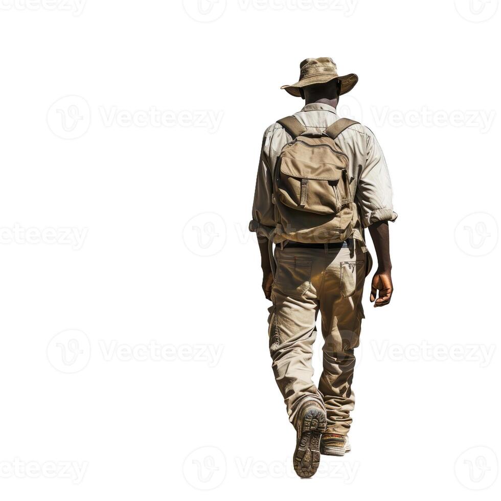 Park ranger walking away with backpack on white background photo