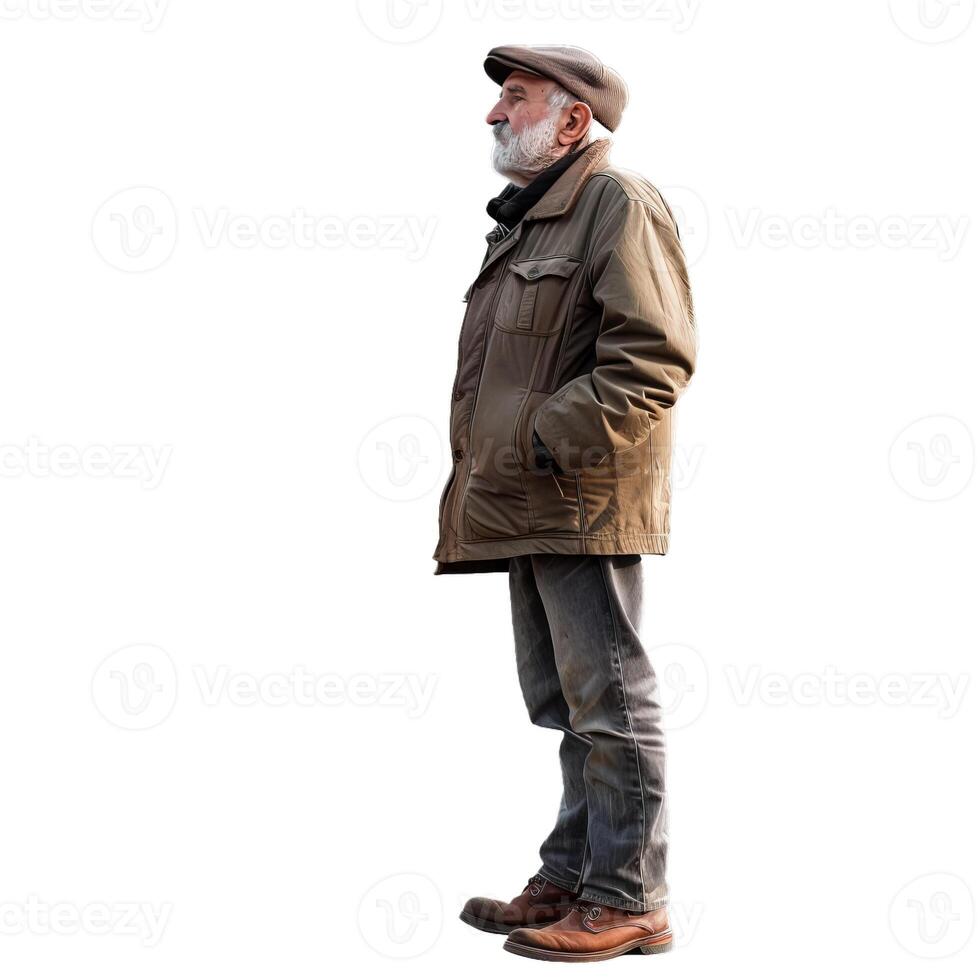 Bearded senior man with hands in pockets looking away photo