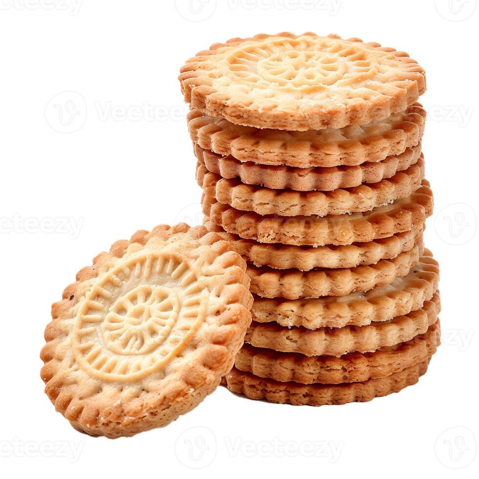 Round butter cookies forming a perfect stack on white background photo