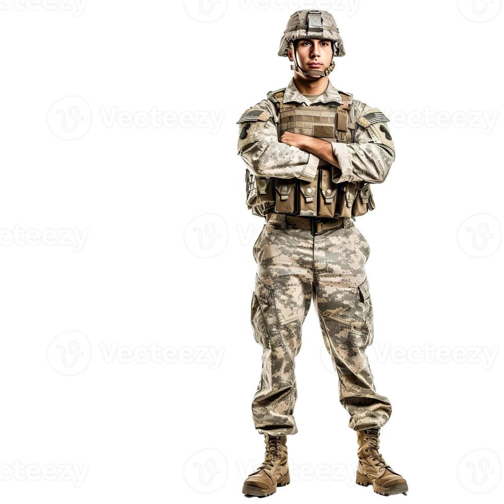 Us army soldier in camouflage uniform standing with his arms crossed photo
