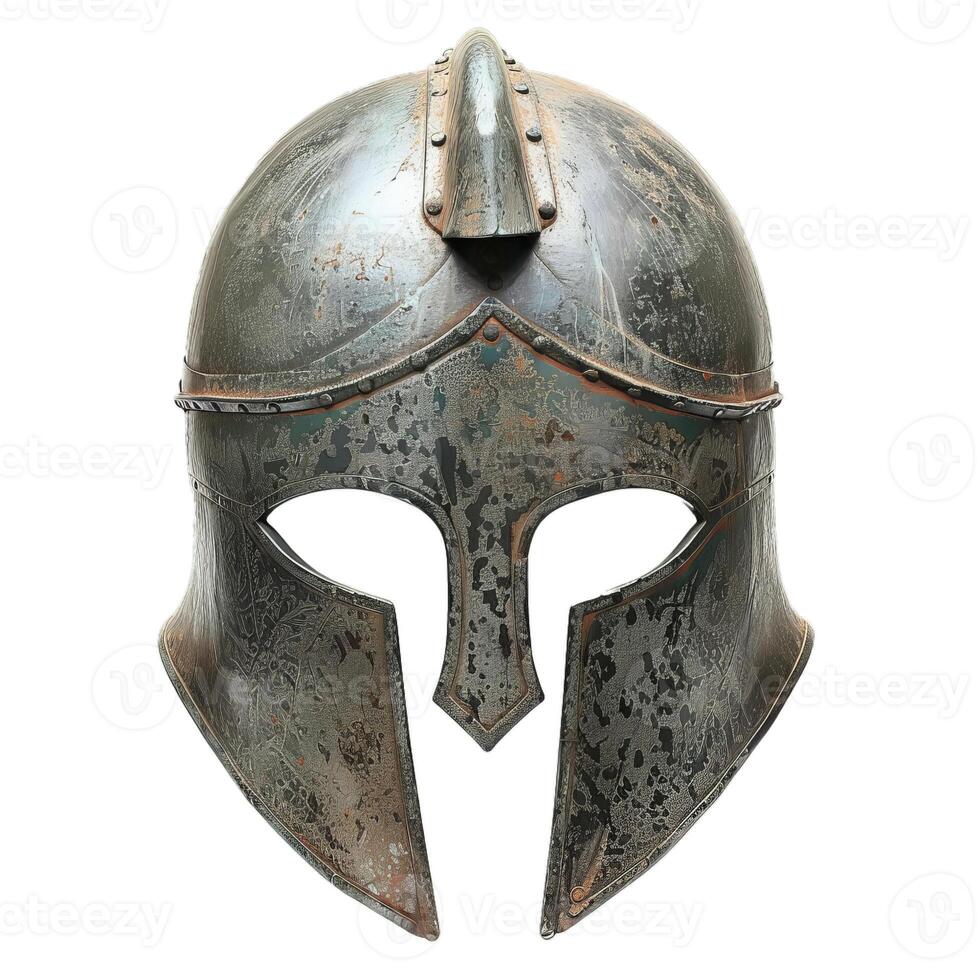 Old spartan helmet isolated on white background showing signs of age and battle photo
