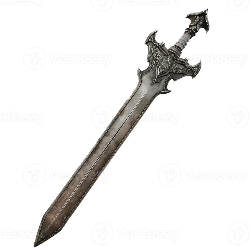 Ancient sword with ornate hilt isolated on white background photo