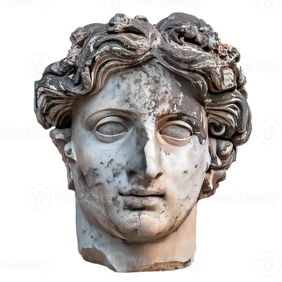 Ancient stone statue head of greek god on white background photo