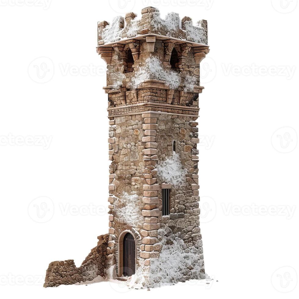 Ancient medieval stone watchtower standing in snow covered ruins photo