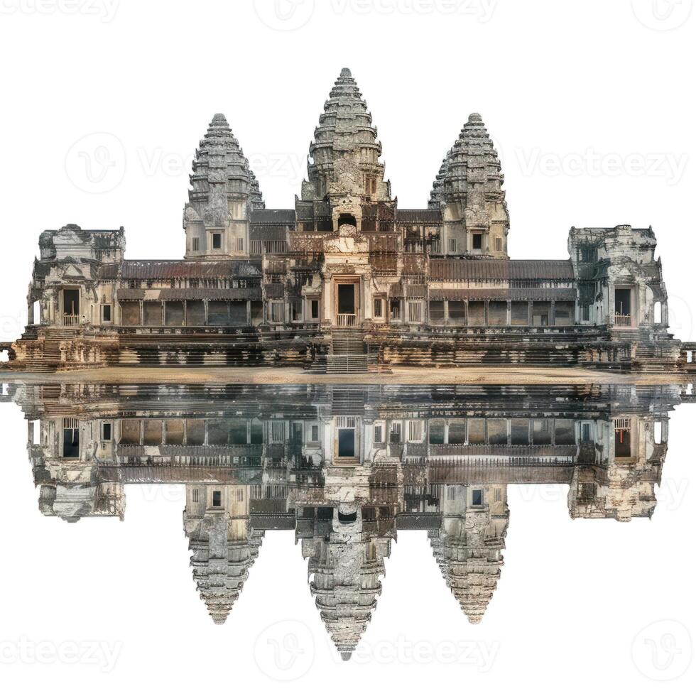 Angkor wat temple reflecting on water with cloudy sky photo