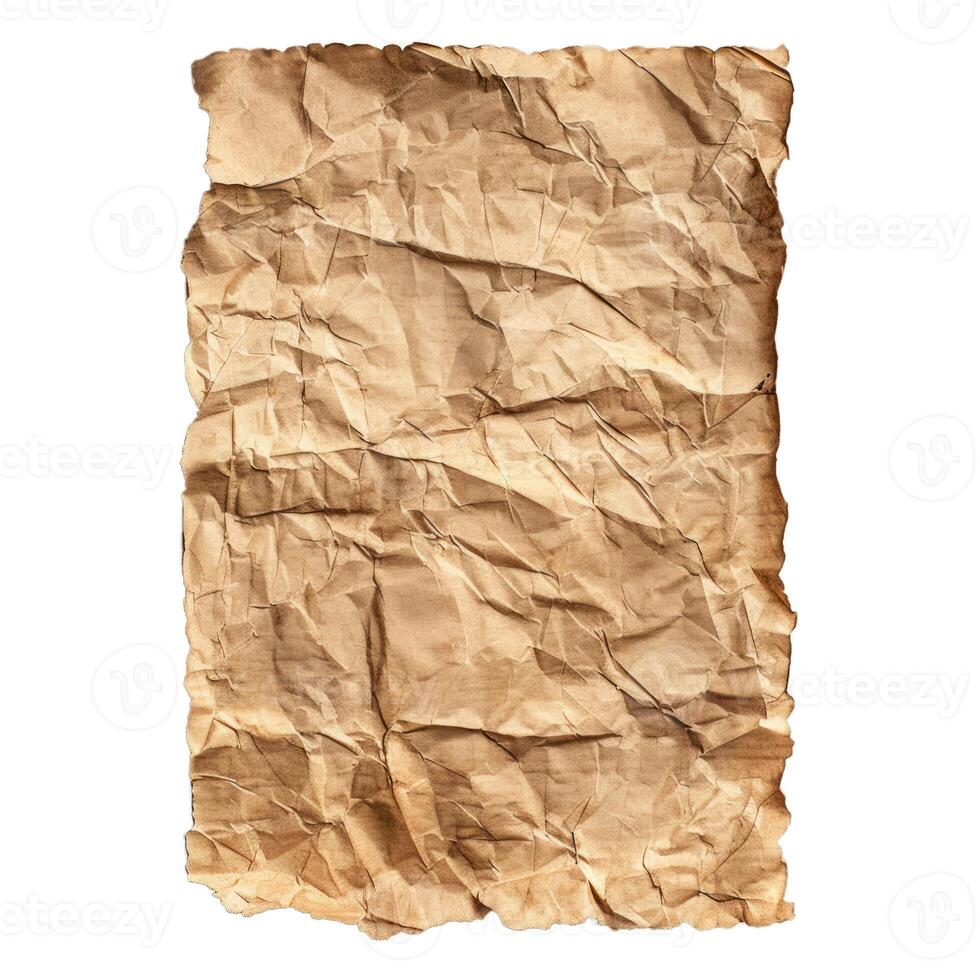 Crumpled paper sheet with burned edges isolated on white background photo