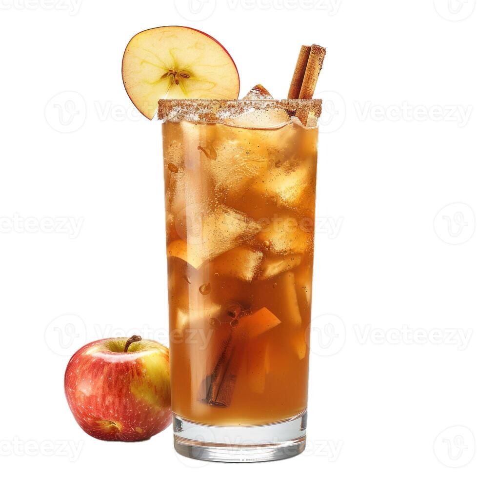 Apple cider cocktail with cinnamon sticks and apple slices is sparkling in the glass photo