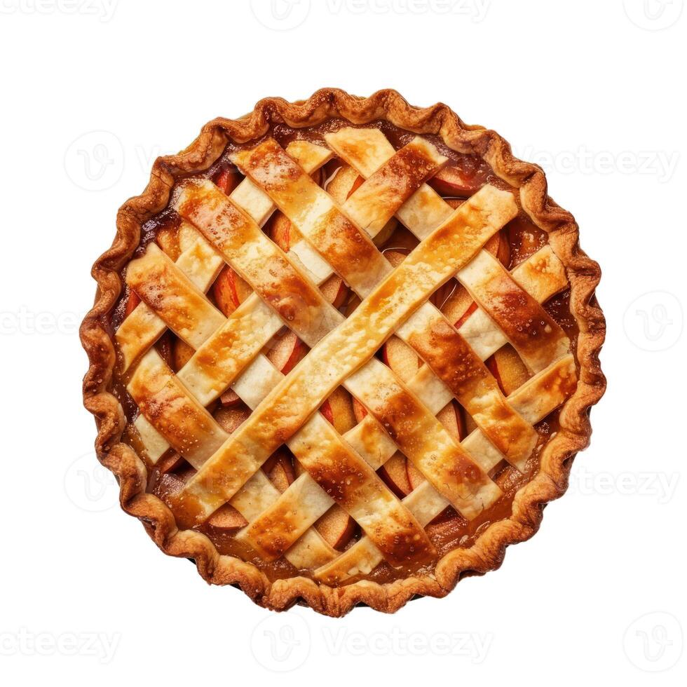 Delicious homemade apple pie with golden crust and lattice top isolated on white background photo