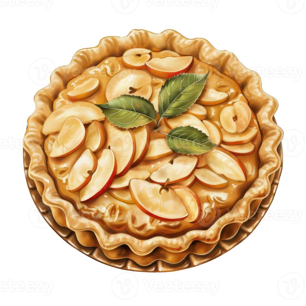 Delicious homemade apple pie with sliced apples and leaves baking on plate photo