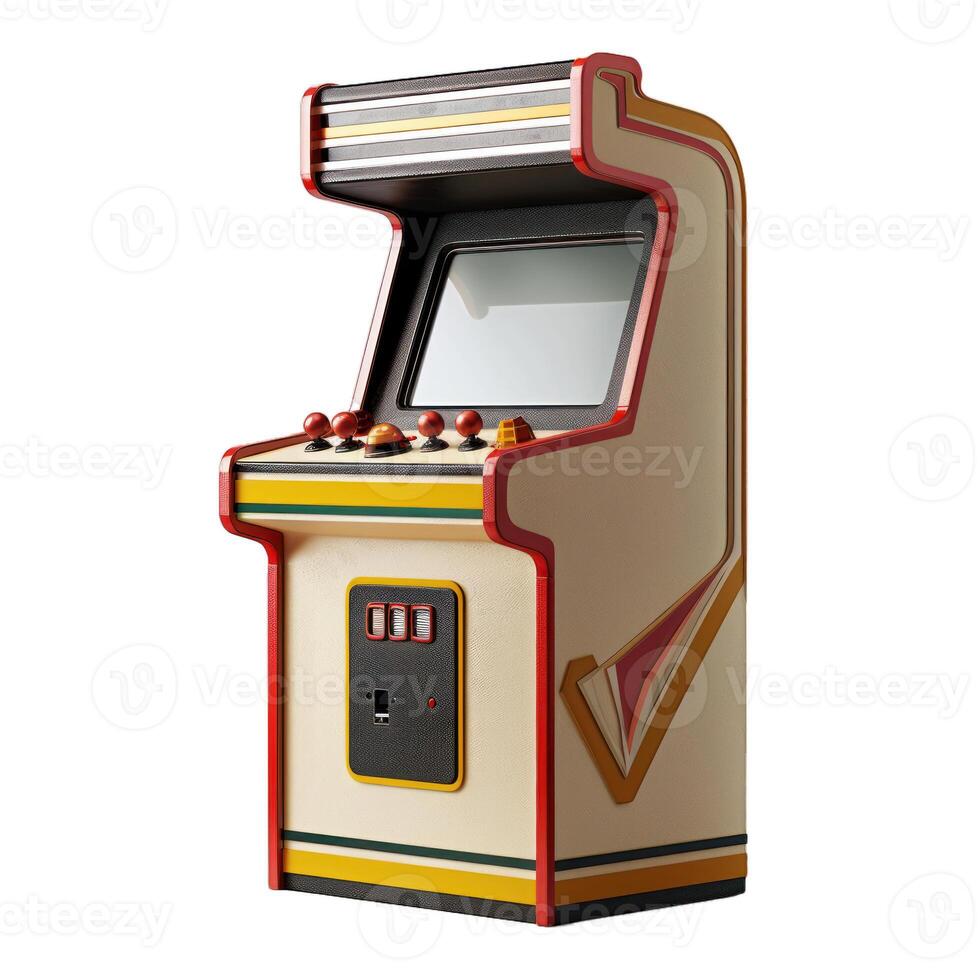 Colorful vintage arcade game machine isolated on white background photo