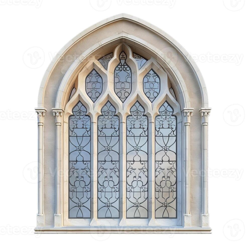 Gothic arched window letting light through stained glass photo