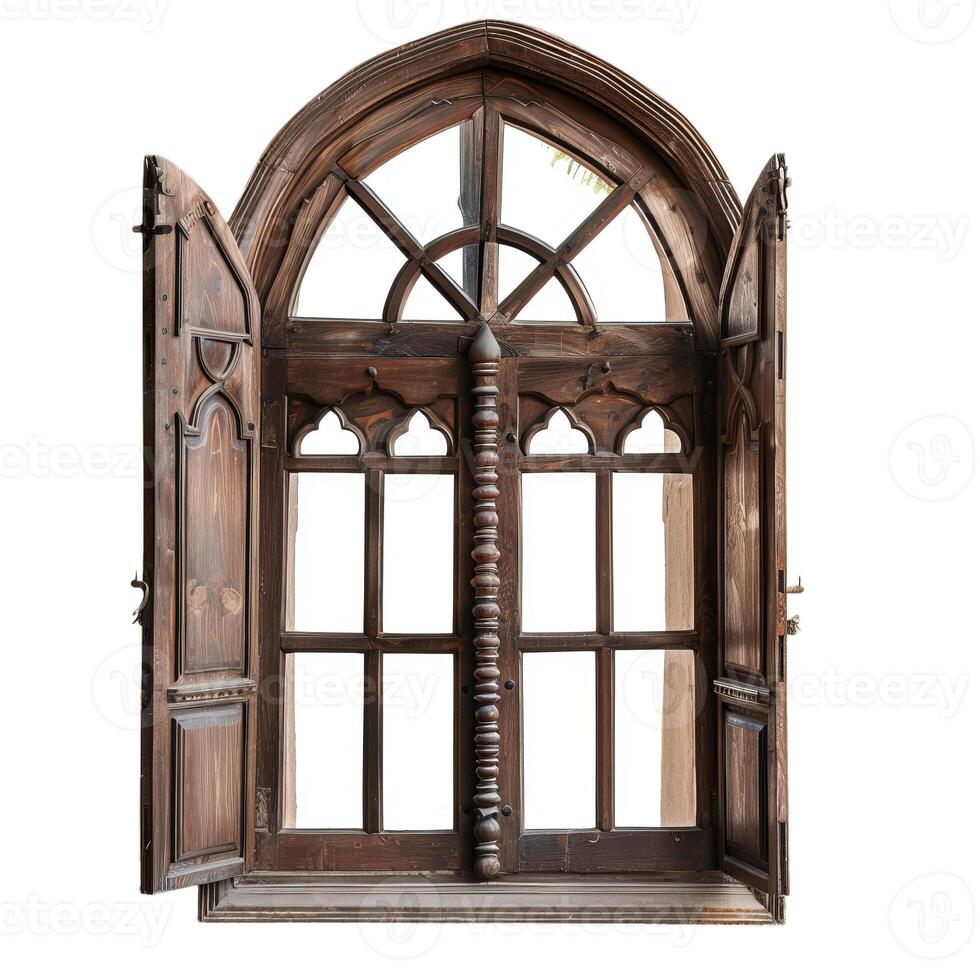 Old arched wooden window with open shutters isolated on white background photo