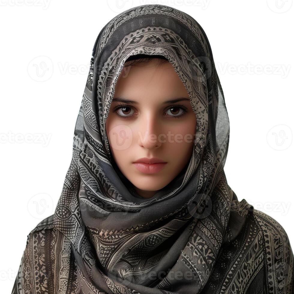 Young woman wearing a traditional hijab posing on white background photo