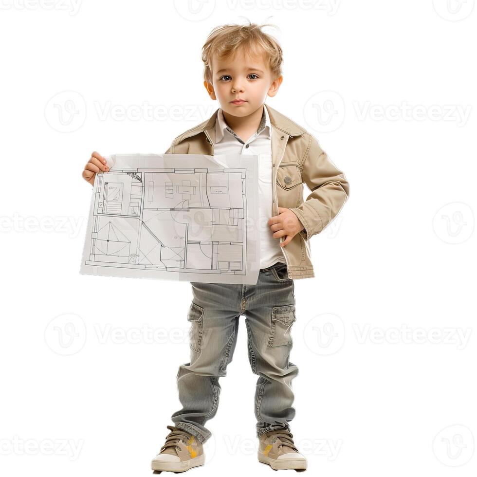 Young architect boy holding blueprint on white background photo