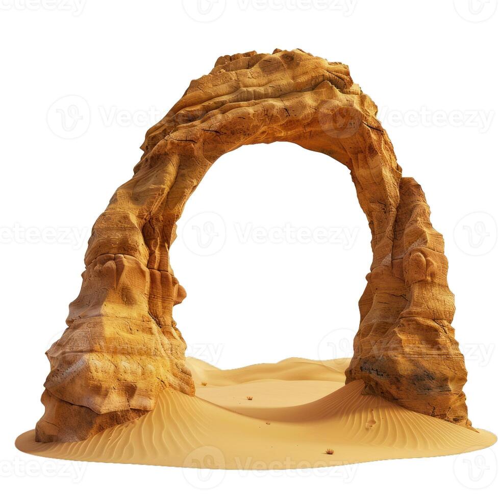 Impressive natural stone arch standing on sand in desert photo