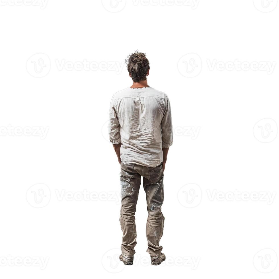 Construction worker standing with hands in pockets looking up photo