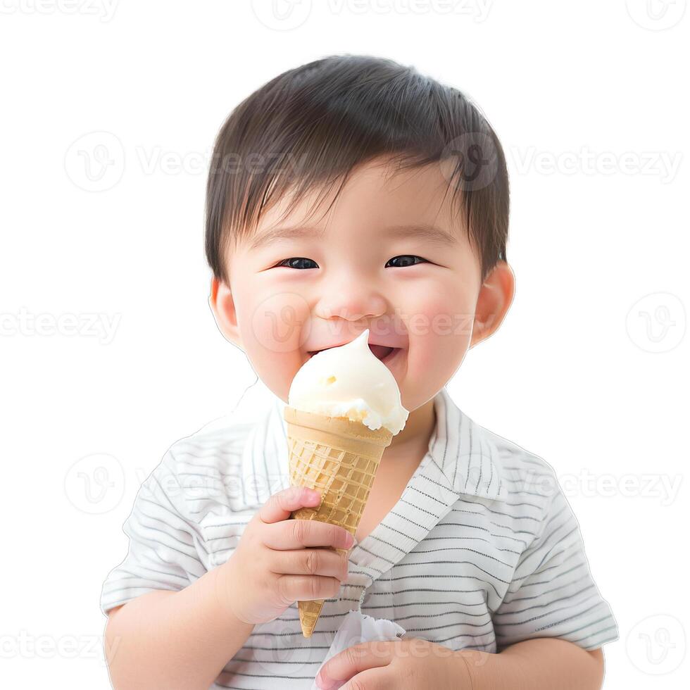 Happy asian baby boy is enjoying eating an ice cream cone photo