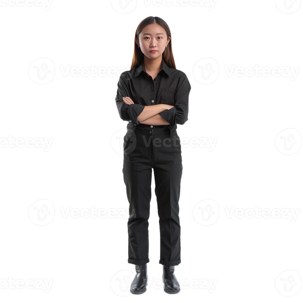 Young woman standing with folded arms wearing black clothes on white background photo