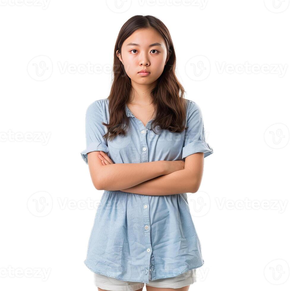 Young woman crossing her arms showing displeasure photo