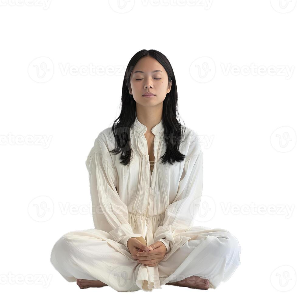Young woman practicing meditation in white outfit on white background photo