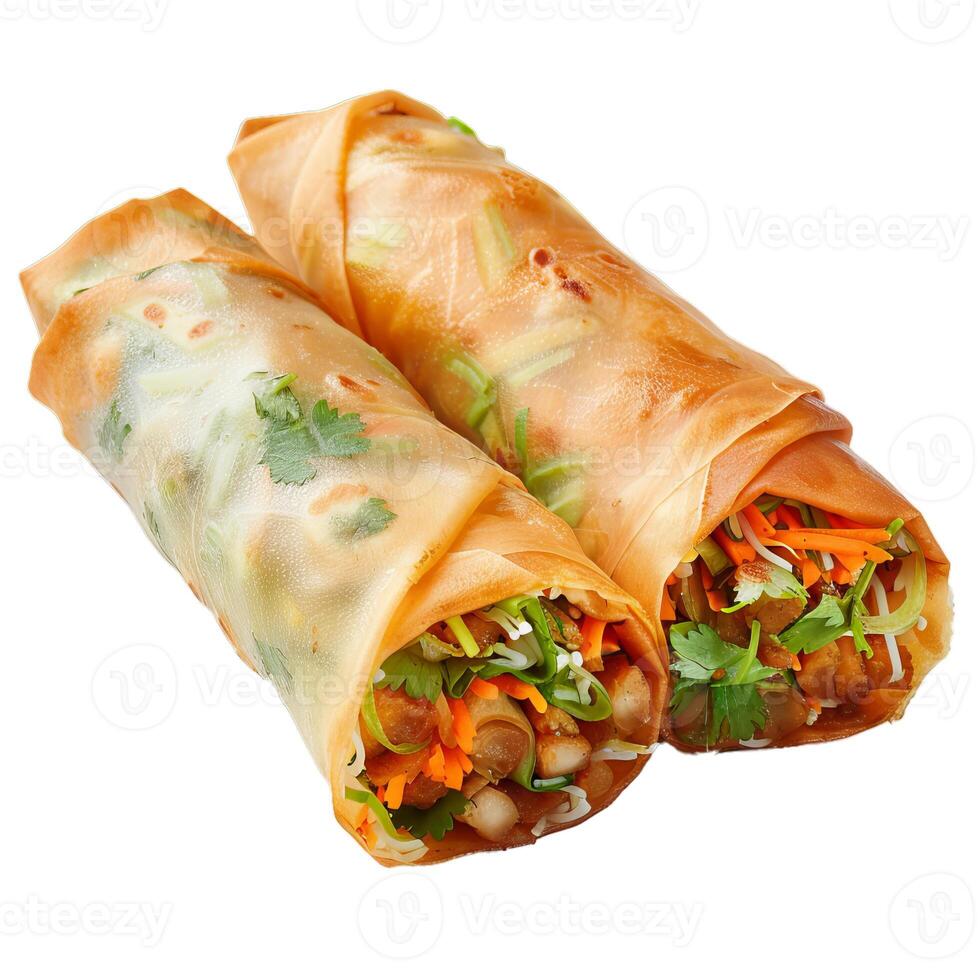 Two spring rolls lying horizontally showing filling photo