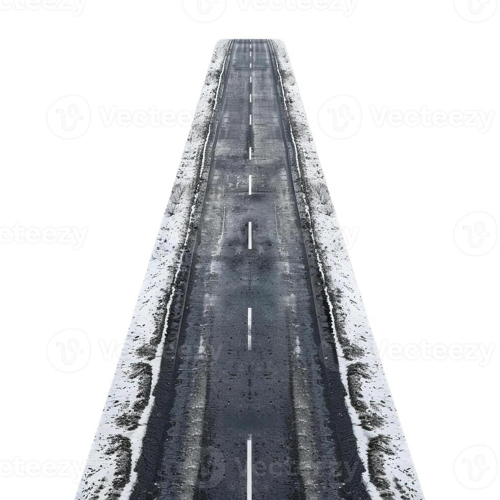 Empty asphalt road covered with snow disappearing into the distance photo