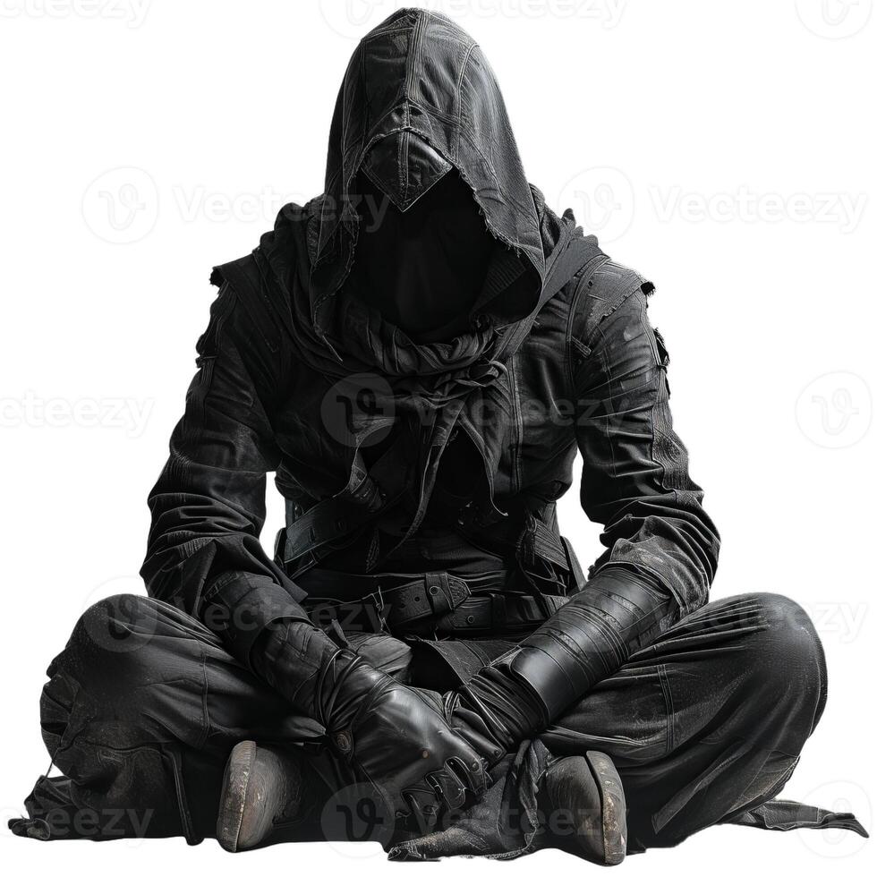 Mysterious man in black hood sitting and waiting photo
