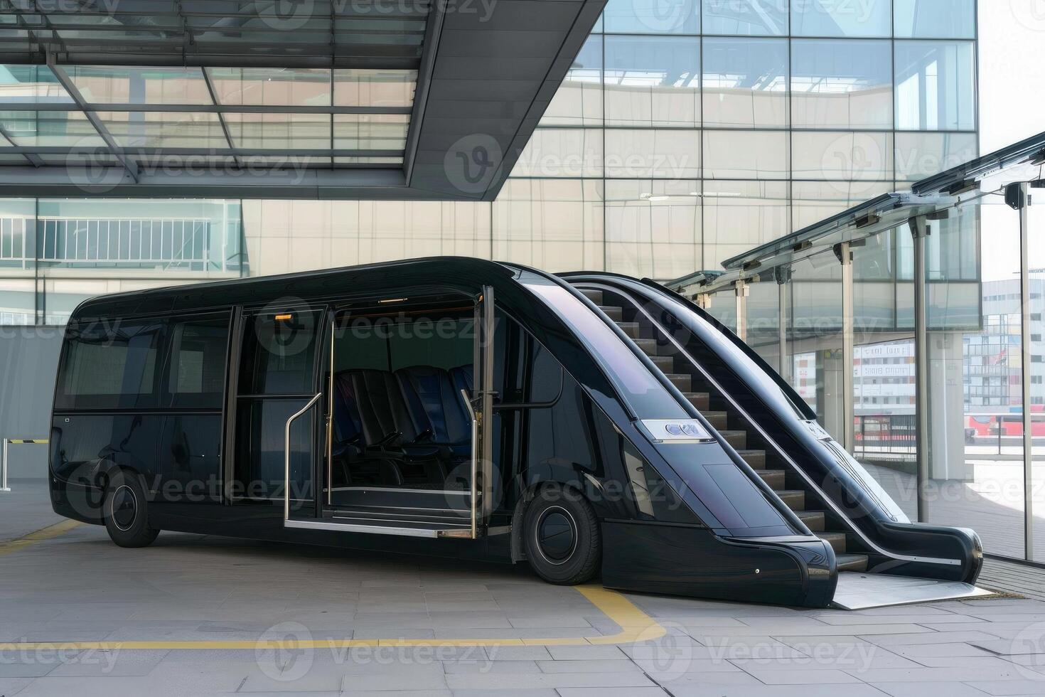 Modern black electric minibus with open doors and built in escalator for passengers boarding photo