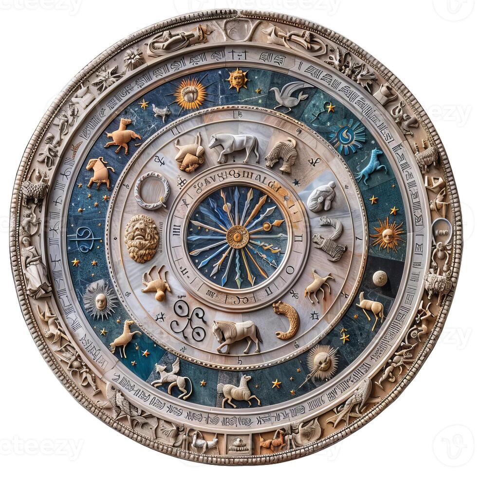 Intricate zodiac clock face showing astrological signs and symbols photo