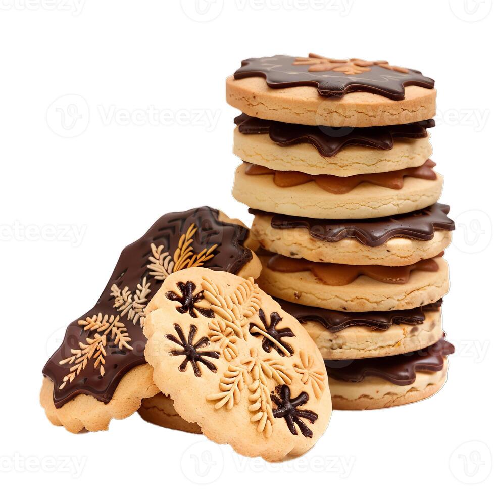 Stack of shortbread cookies decorated with chocolate and caramel icing photo