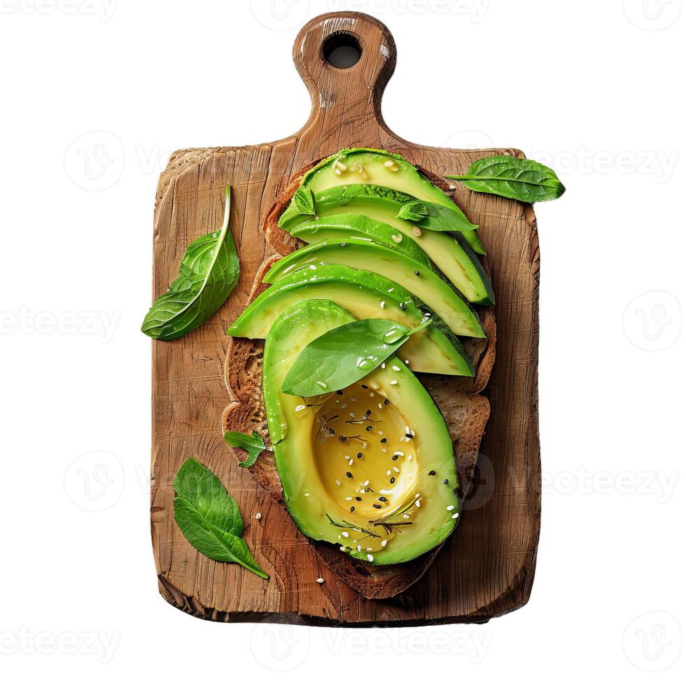 Healthy toast with sliced avocado and sesame seeds on wooden board photo