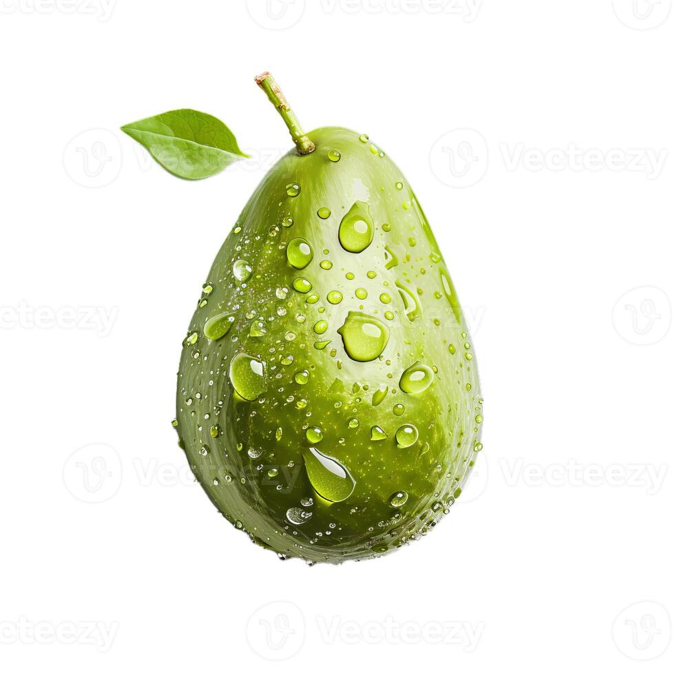 Fresh green avocado with water droplets hanging on its skin photo