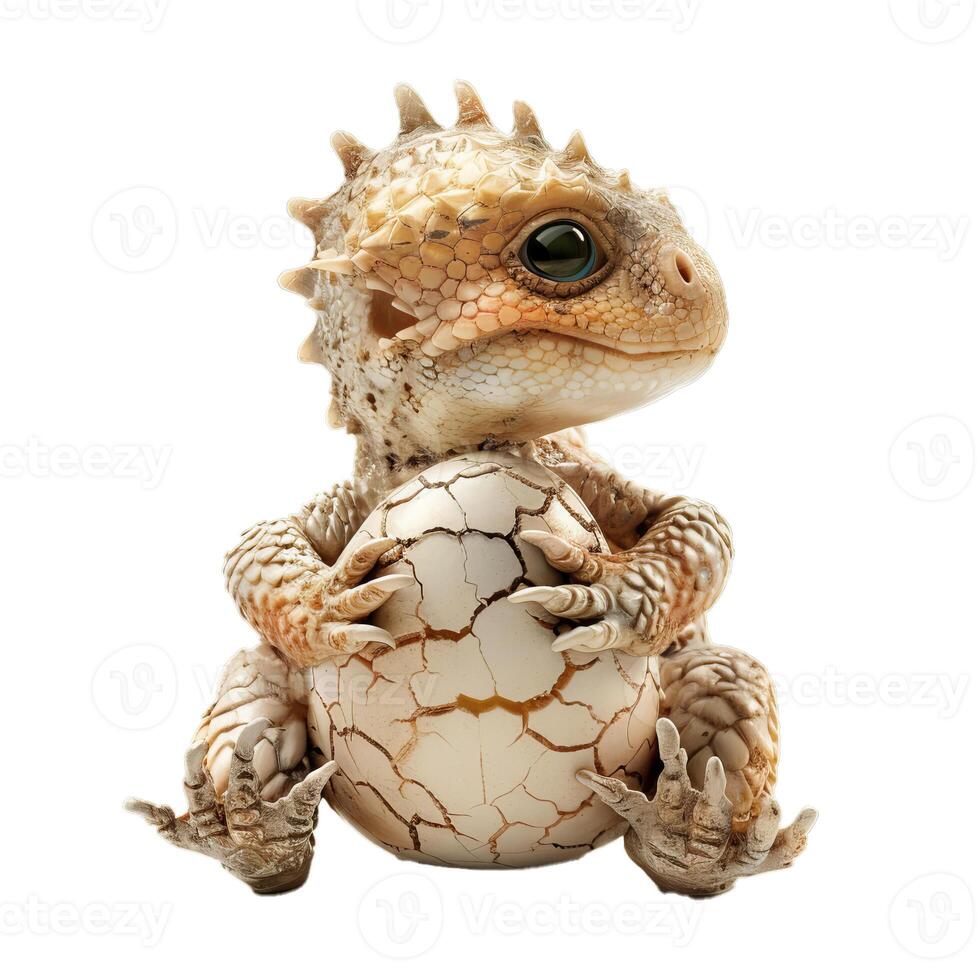 Baby thorny devil lizard hatching from egg looking up isolated photo
