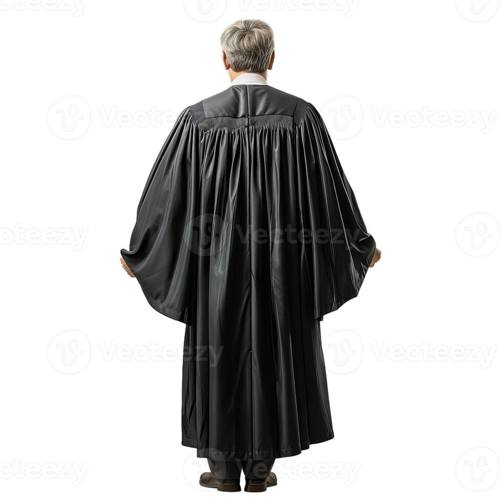 Senior judge wearing judicial robe standing with back to camera photo