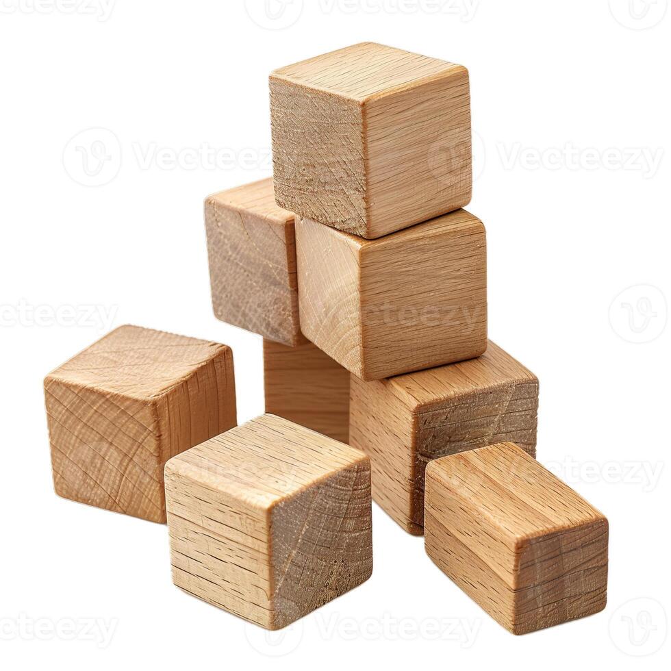 Wooden cubes creating unstable structure on white background photo