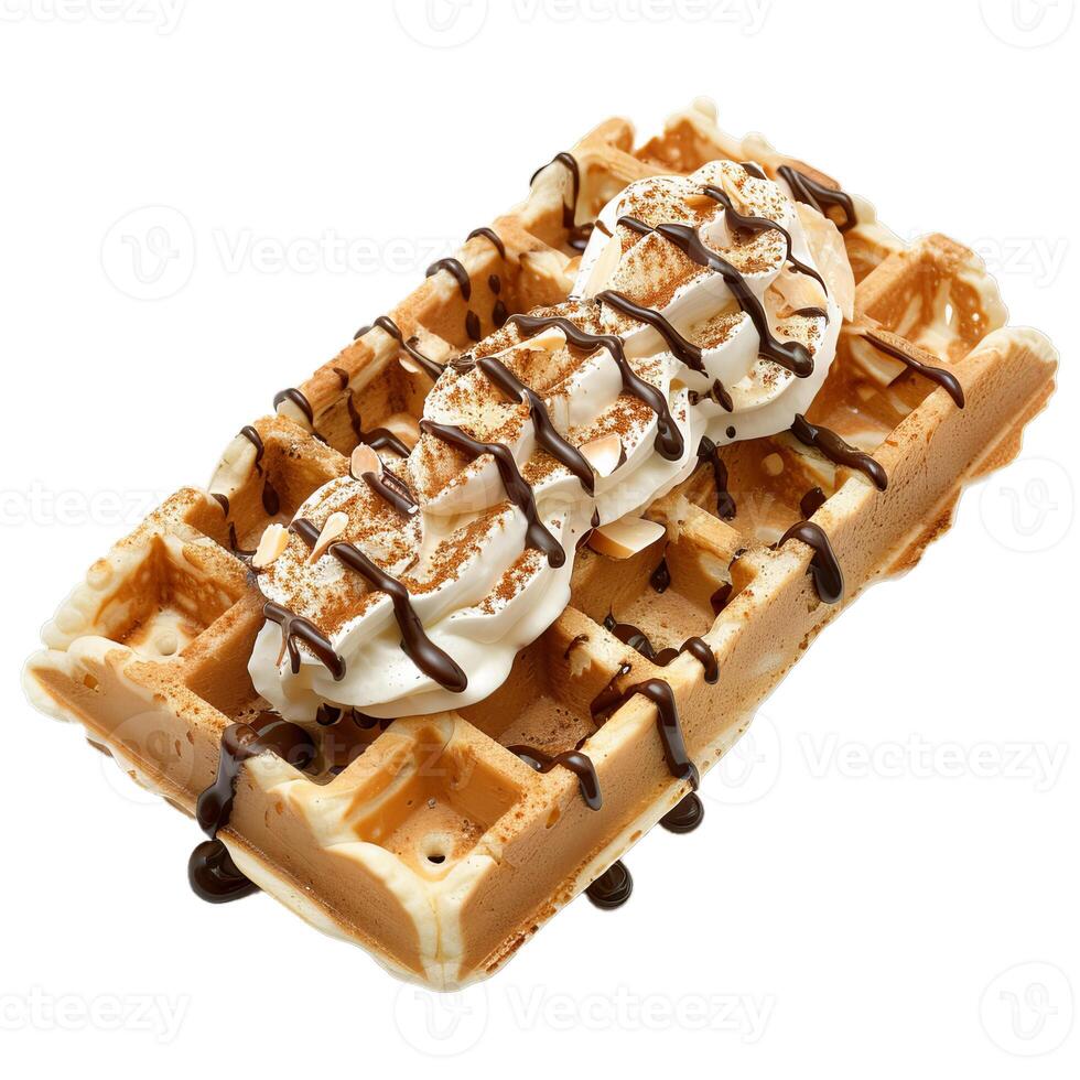 Delicious waffle covered in chocolate sauce and topped with whipped cream and almonds photo