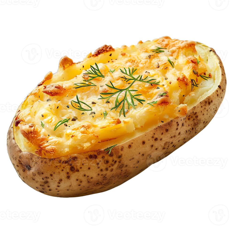 Baked potato with cheese and dill garnish on white background photo
