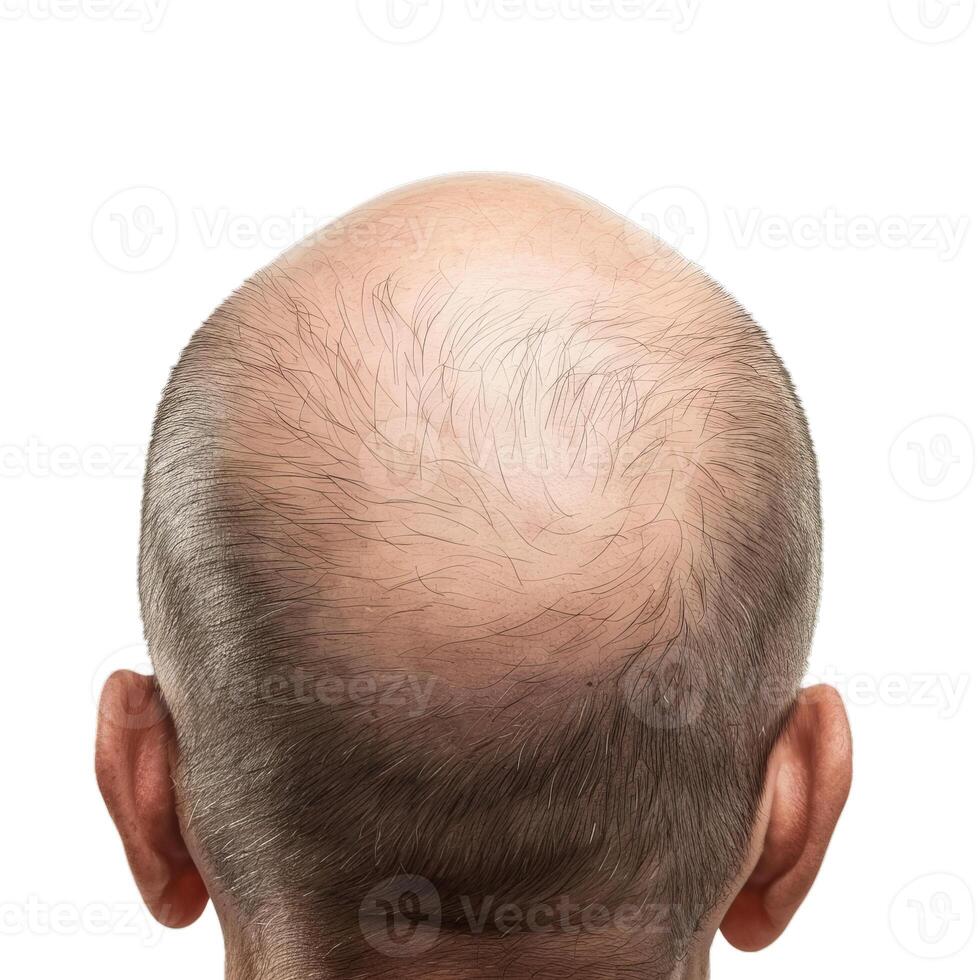 Man showing bald head on white background photo