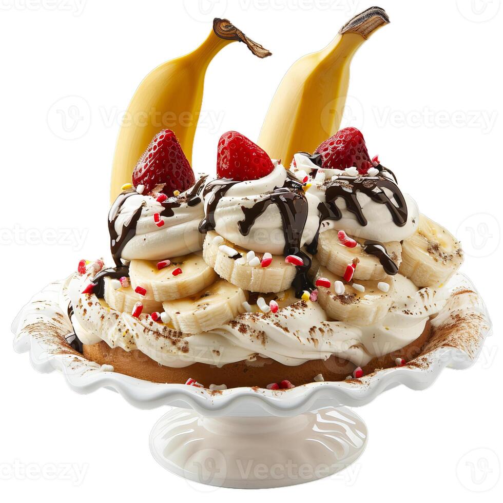 Delicious waffle dessert with whipped cream, banana and strawberries on white background photo