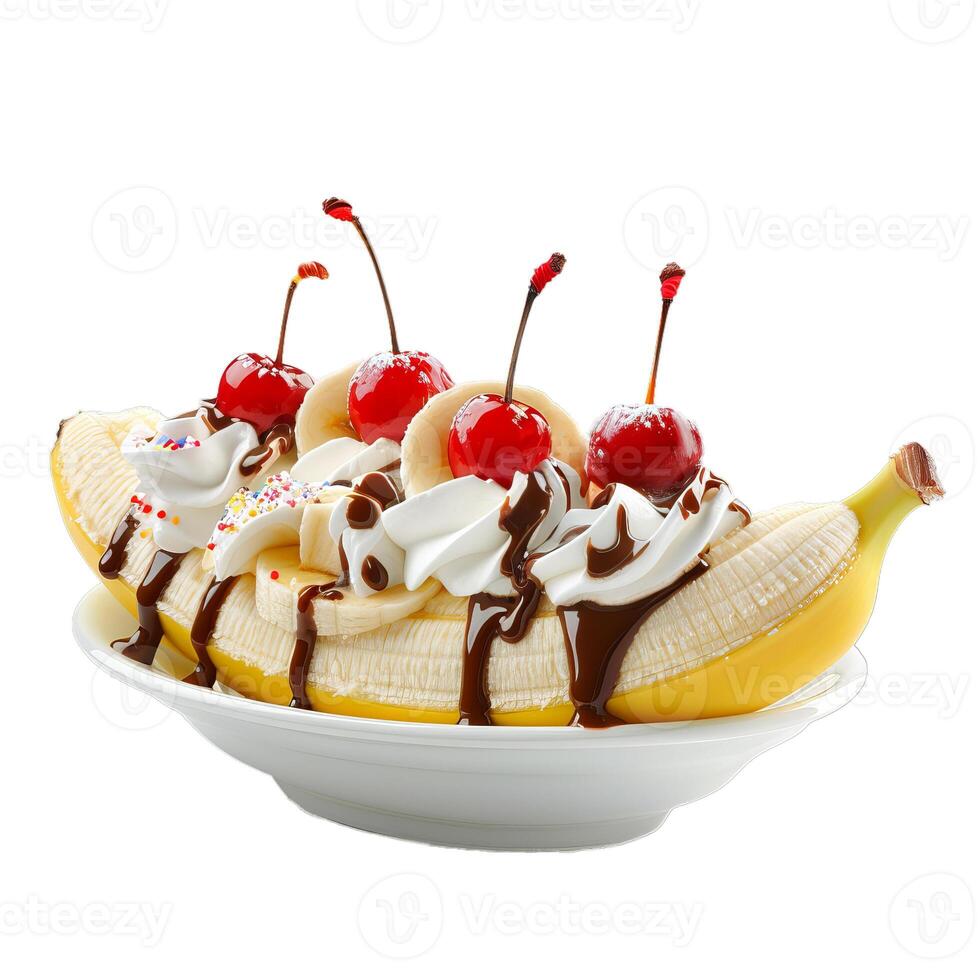 Banana split covered in chocolate sauce and topped with cherries and whipped cream photo