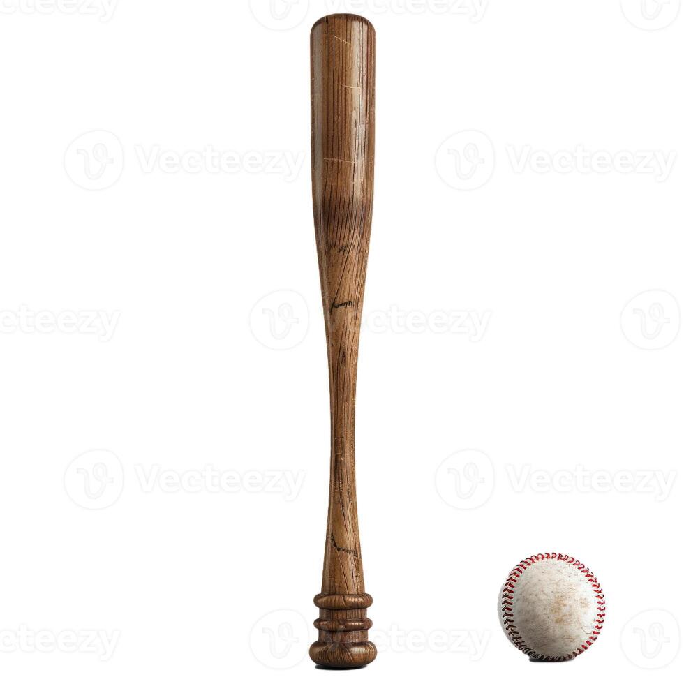 Wooden baseball bat standing upright with ball on white background photo