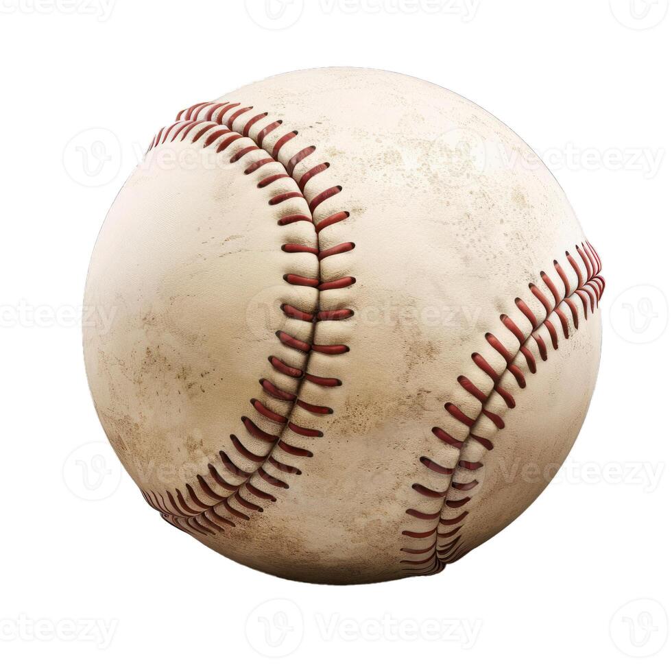 Close up on worn baseball showing red stitching and dirt photo